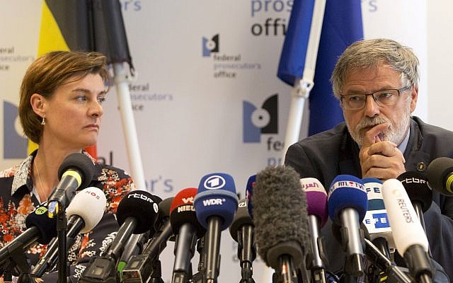 Belgian Federal Prosecutor Eric Van Der Sypt, right, and Federal Prosecutor Wenke Roggen address a media conference in Brussels, May 30, 2018. (AP Photo/Virginia Mayo) Belgian Federal Prosecutor Eric Van Der Sypt, right, and Federal Prosecutor Wenke Roggen address a media conference in Brussels, May 30, 2018. (AP Photo/Virginia Mayo)