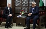 US President's peace process envoy Jason Greenblatt, left, meets with Palestinian Authority President Mahmoud Abbas at the President's office in the West Bank city of Ramallah, March 14, 2017. (AP Photo/Majdi Mohammed)
