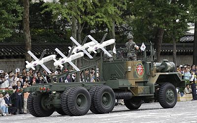 Israeli-made Spike missiles are displayed during a street parade marking the 65th anniversary of the Armed Forces Day in Seoul, South Korea, October 1, 2013. (AP/Lee Jin-man)