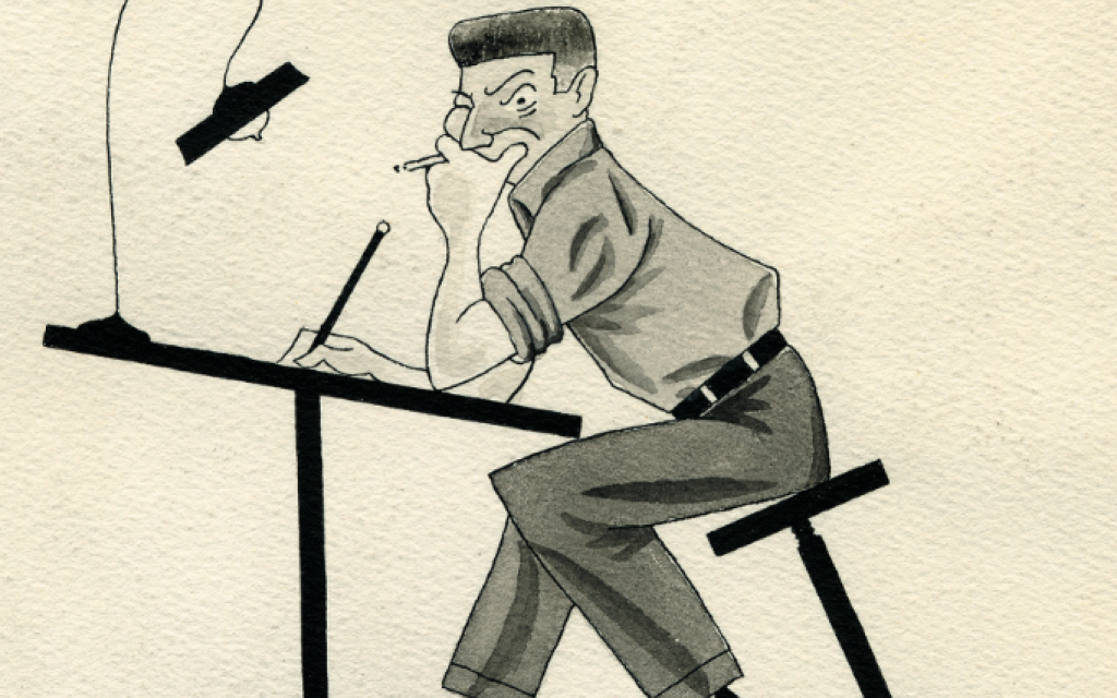 Self-portrait at drawing table, René Goscinny, 1948. (© Anne Goscinny)