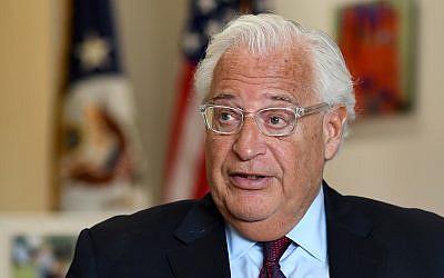 US Ambassador to Israel David Friedman in a Times of Israel interview at the US Embassy, Jerusalem, May 30, 2018 (Matty Stern, U.S. Embassy Jerusalem)