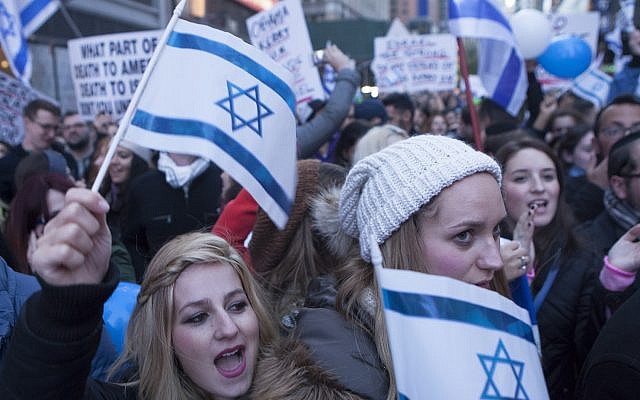 Illustrative: Demonstrators expressing their support for Israel in Times Square, New York City, on October 18, 2015. (Amir Levy/Flash90) Illustrative: Demonstrators expressing their support for Israel in Times Square, New York City, on October 18, 2015. (Amir Levy/Flash90)