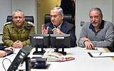 Illustrative: Prime Minister Benjamin (c), Defense Minister Avigdor Liberman, (r) and IDF Chief of Staff Gadi Eizenkott, attending a security cabinet meeting at the Kirya, the IDF Headquarters, in Tel Aviv, on February 10, 2018. (Ariel Hermony/Ministry of Defense)