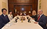 Prime Minister Benjamin Netanyahu (right) and his wife Sara Netanyahu host a dinner for Japanese Prime Minister Shinzo Abe and his wife Akie, at the Prime Minister's Residence in Jerusalem on May 2, 2018. (Kobi Gideon/GPO)