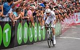 Dutch cyclist Tom Dumoulin arrives at the finish line of the 101st Giro D'Italia time trials in Jerusalem, on May 4, 2018. (Dario Sanchez/ Flash90)