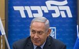 Prime Minister Benjamin Netanyahu leads a Likud party faction meeting at the Knesset on May 7, 2018. (Miriam Alster/Flash90)