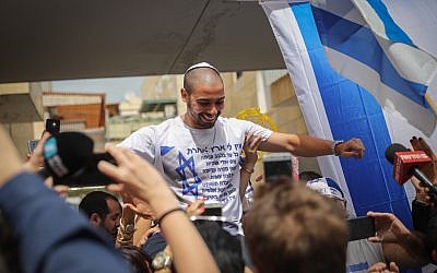 Former IDF soldier Elor Azaria, who was convicted for manslaughter for shooting dead a disarmed and injured Palestinian attacker during his army service in the West Bank city of Hebron, seen after his release from prison and return to his home town Ramla on May 8, 2018. (Hadas Parush/Flash90)