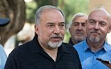 Israeli Defense Minister Avigdor Liberman in Katzrin, May 11, 2018. (Basel Awidat/Flash90)