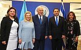 Prime Minister Benjamin Netanyahu his wife Sara, Guatemala President Jimmy Morales (2R) his wife Patricia (R) and Guatemalan Foreign Minister Sandra Jovel (L) pose for a picture at the official opening ceremony of the Guatemala embassy in Jerusalem on May 16, 2018. (Marc Israel Sellem/Pool)