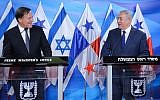 Prime Minister Benjamin Netanyahu meets with President of Panama, Juan Carlos Varela at the Prime ministers office in Jerusalem on May 17, 2018. (Marc Israel Sellem/POOL)