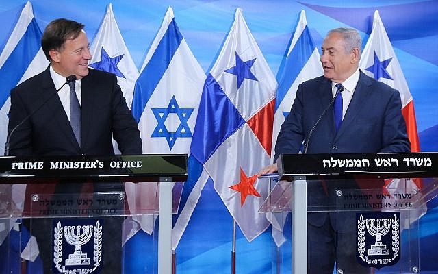 Prime Minister Benjamin Netanyahu meets with President of Panama, Juan Carlos Varela at the Prime ministers office in Jerusalem on May 17, 2018. (Marc Israel Sellem/POOL) Prime Minister Benjamin Netanyahu meets with President of Panama, Juan Carlos Varela at the Prime ministers office in Jerusalem on May 17, 2018. (Marc Israel Sellem/POOL)
