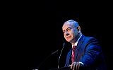 Prime Minister Benjamin Netanyahu speaks during a conference with science ministers from around the world in Jerusalem on May 28, 2018. (Yonatan Sindel/Flash90)