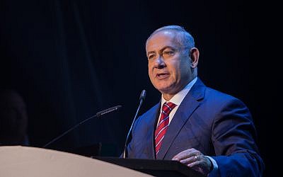 Prime Minister Benjamin Netanyahu speaks during a conference with science ministers from around the world in Jerusalem on May 28, 2018. (Yonatan Sindel/Flash90)