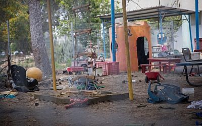 Illustrative: The site where a mortar shell from Gaza hit a kindergarten in southern Israel on May 29, 2018. (Yonatan Sindel/Flash90)