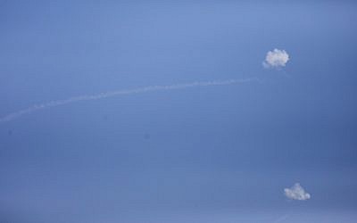Iron Dome missiles intercept rockets from Gaza seen in the sky over the Southern Israeli city of Sderot, on May 29, 2018. (Yonatan Sindel/Flash90)