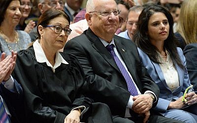 President Reuven Rivlin, (C) President of the Supreme Court Esther Hayut, (L), and Justice Minister Ayelet Shaked, (R), at a swearing-in ceremony for new court judges at the President's Residence, Jerusalem, May 7, 2018. (Mark Neeman/President's Office)