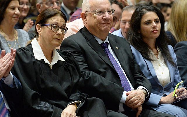 President Reuven Rivlin, (C) President of the Supreme Court Esther Hayut, (L), and Justice Minister Ayelet Shaked, (R), at a swearing-in ceremony for new court judges at the President's Residence, Jerusalem, May 7, 2018. (Mark Neeman/President's Office) President Reuven Rivlin, (C) President of the Supreme Court Esther Hayut, (L), and Justice Minister Ayelet Shaked, (R), at a swearing-in ceremony for new court judges at the President's Residence, Jerusalem, May 7, 2018. (Mark Neeman/President's Office)