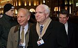 Illustrative: Sen. Joseph Lieberman, left, with Sen. John McCain at the Munich Security Conference in Munich, Germany, January 31, 2014. (Joerg Koch/Getty Images via JTA)
