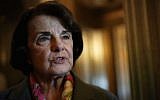 Senator Dianne Feinstein (California-Democrat) speaking to members of the media in Washington, DC, on February 15, 2018. (Alex Wong/Getty Images via JTA)