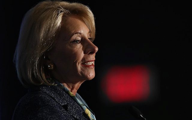 US Education Secretary Betsy DeVos speaks at the National Parent-Teacher Association’s 2018 Legislative Conference in Arlington, Va., March 13, 2018. (Win McNamee/Getty Images via JTA) US Education Secretary Betsy DeVos speaks at the National Parent-Teacher Association’s 2018 Legislative Conference in Arlington, Va., March 13, 2018. (Win McNamee/Getty Images via JTA)