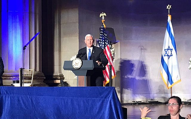 Mike Pence speaking at an Israeli embassy event on May 14, 2018, in Washington, DC. (Eric Cortellessa/Times of Israel) Mike Pence speaking at an Israeli embassy event on May 14, 2018, in Washington, DC. (Eric Cortellessa/Times of Israel)