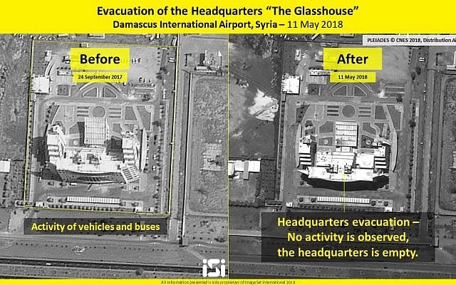 Satellite image allegedly showing damage to buildings at Damascus International Airport caused by a May 11 Israeli airstrike, released by ImageSat International, on May 13, 2018. (ImageSat International) Satellite image allegedly showing damage to buildings at Damascus International Airport caused by a May 11 Israeli airstrike, released by ImageSat International, on May 13, 2018. (ImageSat International)