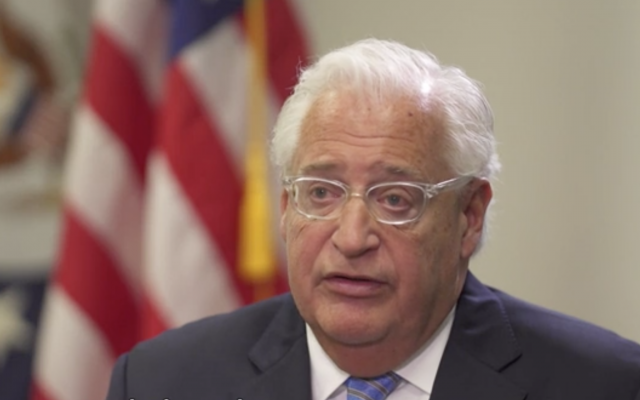 US Ambassador to Israel David Friedman, interviewed on Hadashot TV in his Jerusalem embassy office, May 23, 2018 (Hadashot Screenshot) US Ambassador to Israel David Friedman, interviewed on Hadashot TV in his Jerusalem embassy office, May 23, 2018 (Hadashot Screenshot)