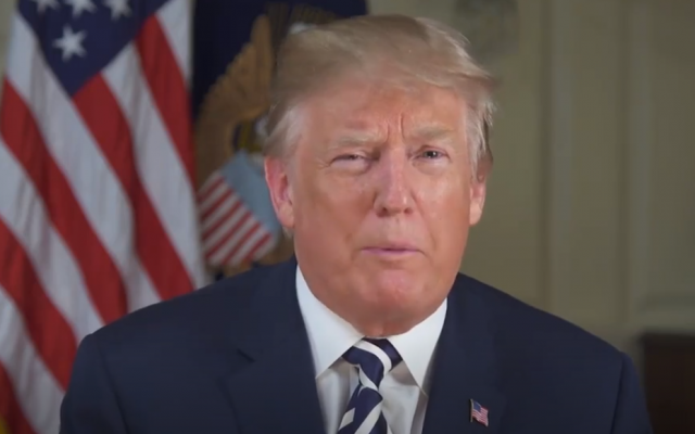 US President Donald Trump in a video message shown at the opening of the US embassy in Jerusalem on May 14, 2018. (Screen capture: JW Player) US President Donald Trump in a video message shown at the opening of the US embassy in Jerusalem on May 14, 2018. (Screen capture: JW Player)