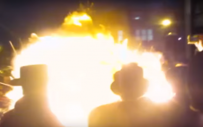 An explosion at a Lag B'Omer bonfire in Stamford Hill, London, on May 2, 2018. (Screen capture: YouTube)