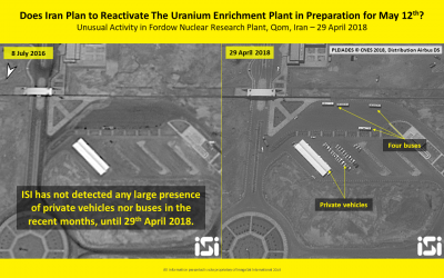 A satellite image from April 29, 2018, showing recent activity at the Fordo nuclear facility in Iran. (ImageSat International ISI)