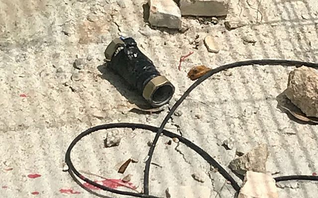 A pipe bomb hurled by Palestinian rioters at a Border Police Base in the West Bank's Etzion Bloc south of Jerusalem on May 9, 2018. (Border Police) A pipe bomb hurled by Palestinian rioters at a Border Police Base in the West Bank's Etzion Bloc south of Jerusalem on May 9, 2018. (Border Police)
