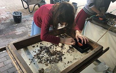Temple Mount soil being sifted in the city of Petah Tikva by Yeshurun High school students (Inbal Dasberg/Temple Mount Sifting Project)