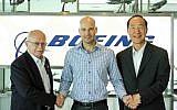 David Ivry, president of Boeing Israel (left), Assembrix co-founder and CEO Lior Polak, center, and JC Ahn, a Boeing representative, offset project manager (Courtesy)