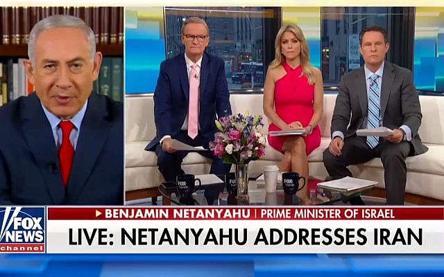 Prime Minister Benjamin Netanyahu in a televised interview on the Fox News channel dealing with the Iranian nuclear archive, May 1, 2018. (screen shot)