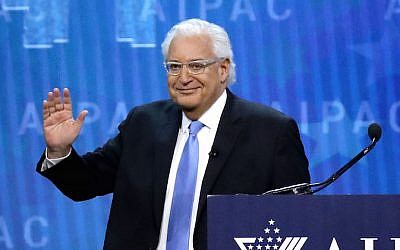 US Ambassador to Israel David Friedman addressing the American Israel Public Affairs Committee’s annual policy conference at the Washington Convention Center in Washington, DC, March 6, 2018. (Chip Somodevilla/Getty Images via JTA) US Ambassador to Israel David Friedman addressing the American Israel Public Affairs Committee’s annual policy conference at the Washington Convention Center in Washington, DC, March 6, 2018. (Chip Somodevilla/Getty Images via JTA)