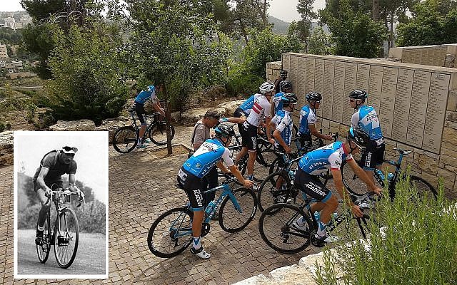 Members of the Israel Cycling Academy team finish the memorial ride at the Garden of the Righteous Among the Nations at Yad Vashem in Jerusalem on May 2, 2018. Insert: Gino Bartali during the 1938 Tour de France, which he won. (Melanie Lidman/Times of Israel, courtesy Wikimedia Commons) Members of the Israel Cycling Academy team finish the memorial ride at the Garden of the Righteous Among the Nations at Yad Vashem in Jerusalem on May 2, 2018. Insert: Gino Bartali during the 1938 Tour de France, which he won. (Melanie Lidman/Times of Israel, courtesy Wikimedia Commons)