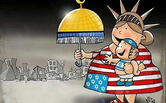 Cartoon with stars marking the 50 states replaced by Stars of David, the US is seen giving Israel the al-Aqsa Mosque in Jerusalem. From al-Yawm as-Sabi, May 15th, 2018, Egypt. (via the Anti-Defamation League)