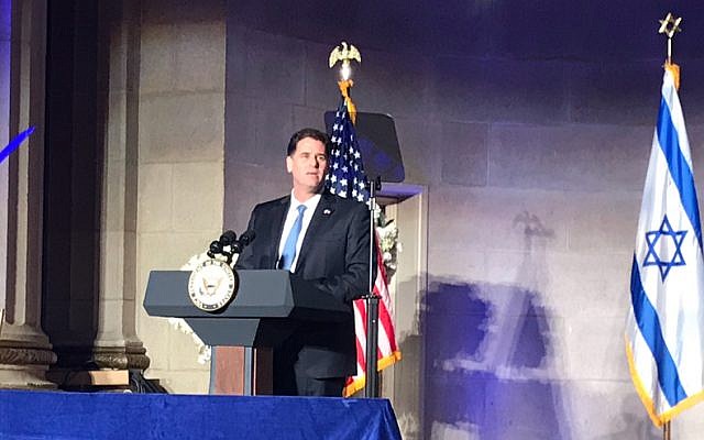Israel's Ambassador to the US Ron Dermer speaking at an Israeli embassy event on May 14, 2018, in Washington, DC. (Eric Cortellessa/Times of Israel) Israel's Ambassador to the US Ron Dermer speaking at an Israeli embassy event on May 14, 2018, in Washington, DC. (Eric Cortellessa/Times of Israel)