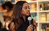 Women’s March National Co-Chair Tamika Mallory speaking in New York, April 22, 2017. (Robin Marchant/Getty Images for Hulu via JTA)