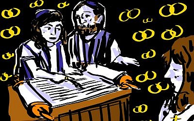 Some Conservative synagogues allow interfaith couples to celebrate their unions by taking part in an aufruf. (Lior Zaltzman)