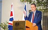 British Ambassador David Quarrey speaking at the UK Jewish News's Aliyah 100 event, May 10, 2018 (Yossi Zeligar/Nikoart, via UK Jewish News)