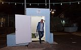A man seen at the entrance to a bomb shelter that was opened in the Golan Heights, in northern Israel, May 8, 2018, (Basel Awidat/Flash90)
