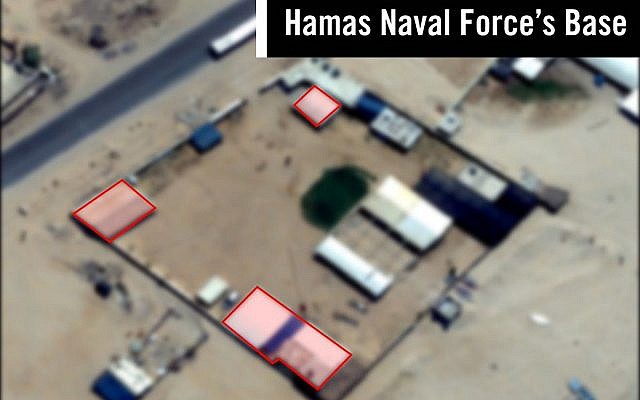 A satellite image showing a suspected Hamas naval force base in the Gaza Strip, which was targeted in an Israeli airstrike on May 29, 2018. (Israel Defense Forces) A satellite image showing a suspected Hamas naval force base in the Gaza Strip, which was targeted in an Israeli airstrike on May 29, 2018. (Israel Defense Forces)