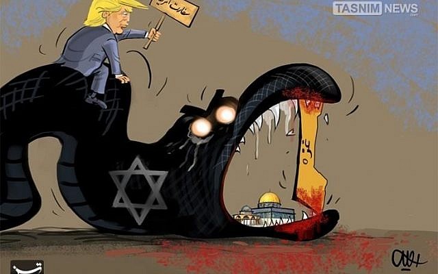 Cartoon showing the Gaza Strip preventing the snake representing Israel from devouring the al-Aqsa Mosque in Jerusalem. US President Trump is depicted riding the snake, carrying a sign which reads "The US Embassy." From Iran's Tasnim news agency May 15th, 2018. (via Anti-Defamation League)