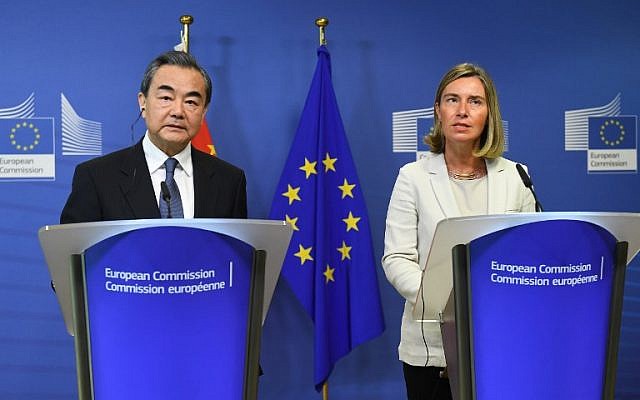 China's Foreign Minister Wang Yi (L) and EU foreign policy chief Federica Mogherini address a joint press conference at the European Commission in Brussels on June 1, 2018. (AFP PHOTO / Emmanuel DUNAND) China's Foreign Minister Wang Yi (L) and EU foreign policy chief Federica Mogherini address a joint press conference at the European Commission in Brussels on June 1, 2018. (AFP PHOTO / Emmanuel DUNAND)