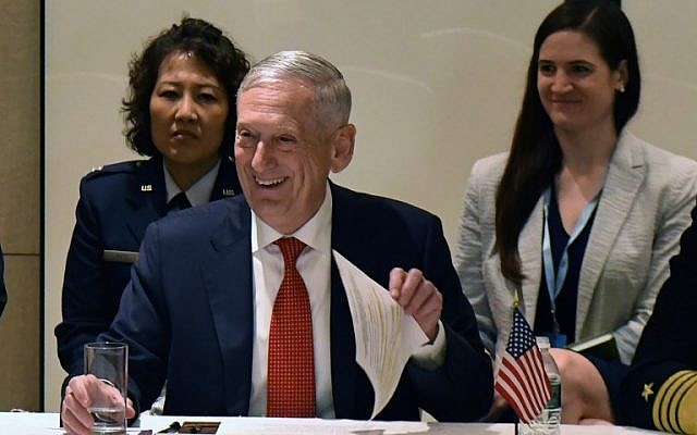 US Secretary of Defenדe James Mattis (C) attends a trilateral meeting with South Korean and Japanese counterparts on the sideline of the 17th Asian Security Summit of the IISS Shangri-La Dialogue in Singapore on June 3, 2018. (AFP PHOTO / Roslan RAHMAN) US Secretary of Defenדe James Mattis (C) attends a trilateral meeting with South Korean and Japanese counterparts on the sideline of the 17th Asian Security Summit of the IISS Shangri-La Dialogue in Singapore on June 3, 2018. (AFP PHOTO / Roslan RAHMAN)