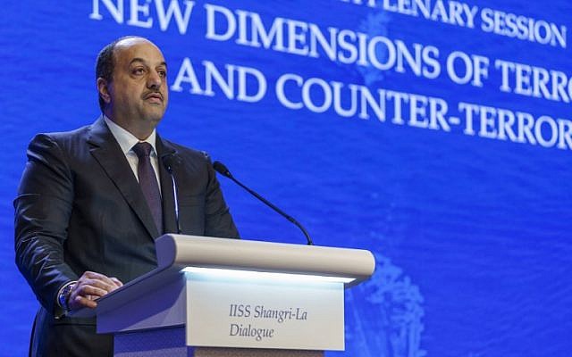 Qatar's Deputy Prime Minister and Defence Minister Khalid bin Mohammed Al Attiyah speaks at the fourth plenary session during the 17th Asian Security Summit of the IISS Shangri-La Dialogue in Singapore on June 3, 2018. (AFP/Nicholas YEO) Qatar's Deputy Prime Minister and Defence Minister Khalid bin Mohammed Al Attiyah speaks at the fourth plenary session during the 17th Asian Security Summit of the IISS Shangri-La Dialogue in Singapore on June 3, 2018. (AFP/Nicholas YEO)