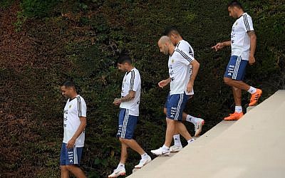 Argentina's players arrive for a training session at the FC Barcelona 'Joan Gamper' sports center in Sant Joan Despi near Barcelona on June 3, 2018. (AFP/Lluis Gene)