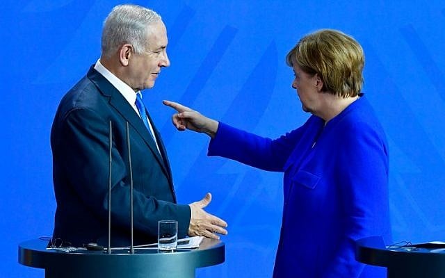 German Chancellor Angela Merkel (right) and Prime Minister Benjamin Netanyahu at a press conference after a meeting at the Chancellery in Berlin on June 4, 2018. (Tobias SCHWARZ / AFP) German Chancellor Angela Merkel (right) and Prime Minister Benjamin Netanyahu at a press conference after a meeting at the Chancellery in Berlin on June 4, 2018. (Tobias SCHWARZ / AFP)