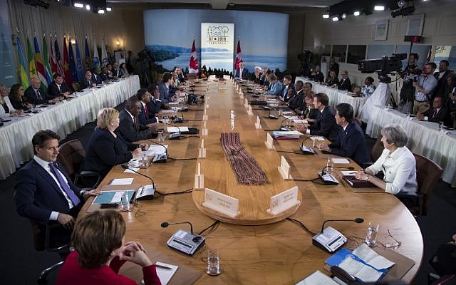 A general view of leaders attending the G7 Outreach work session at the G7 summit in La Malbaie, Canada, on June 9, 2018. AFP PHOTO / POOL / Ian LANGSDON) A general view of leaders attending the G7 Outreach work session at the G7 summit in La Malbaie, Canada, on June 9, 2018. AFP PHOTO / POOL / Ian LANGSDON)